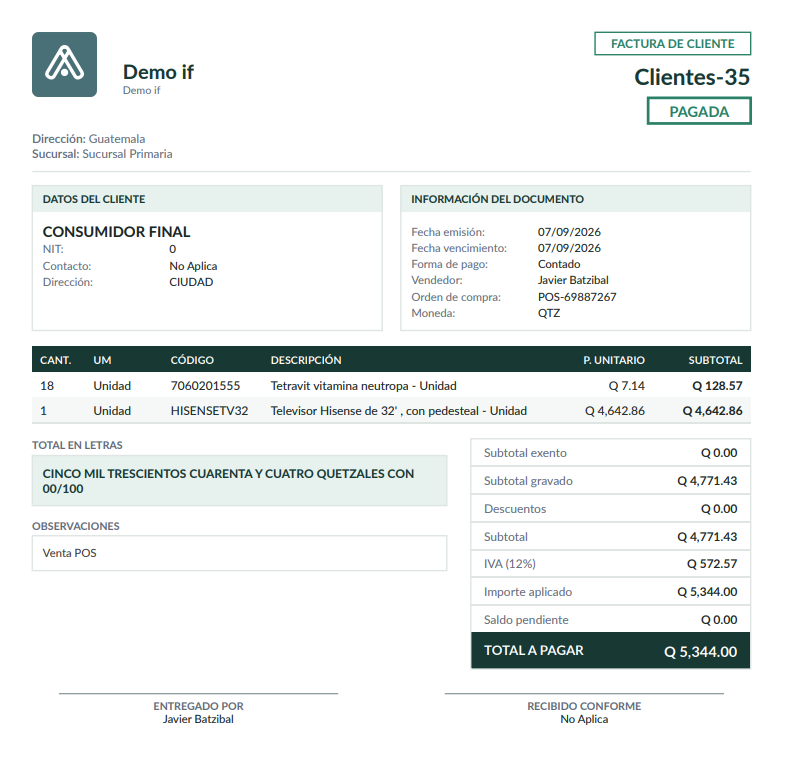Factura de cliente emitida por ASG, con los datos del socio, la información del documento y el detalle de artículos.