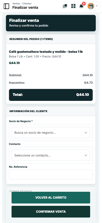 Ticket de venta de ASG en un teléfono: productos con cantidad, subtotal, IVA y botón de cobro.