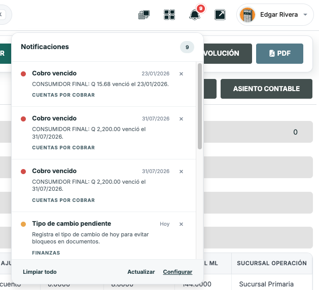 Panel de notificaciones de ASG con avisos de cobros vencidos y tipo de cambio pendiente.