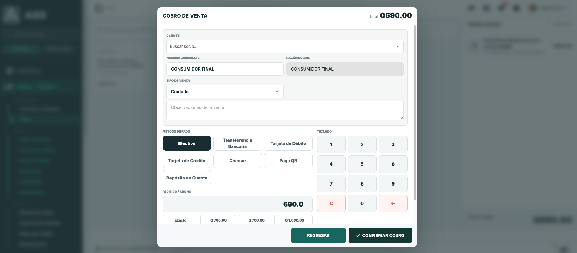 Cobro de venta de ASG en una tableta: métodos de pago, teclado numérico y cálculo del cambio.