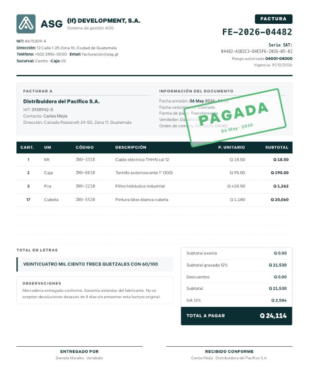 Factura emitida por ASG con estado pagada y detalle de productos.